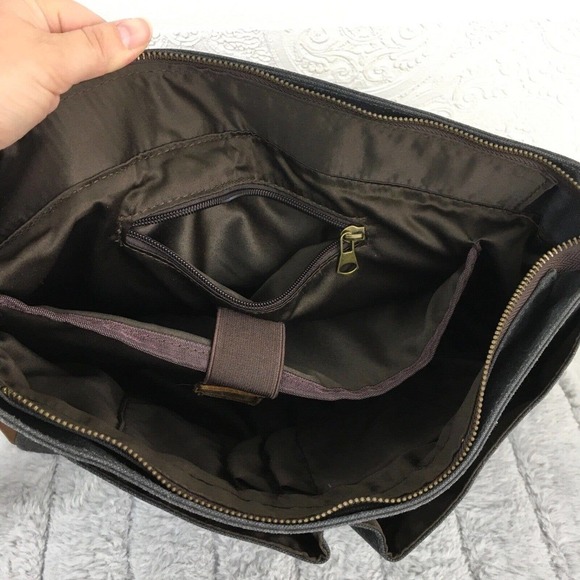 Retro leather & gray fabric laptop carry on travel work messenger bag - Picture 2 of 12